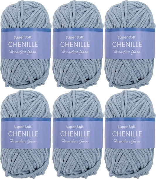 Threadart 6 Pack Super Soft Chenille Yarn - Bulky Yarn, Polyester, 50g/60yds, Dusty Blue