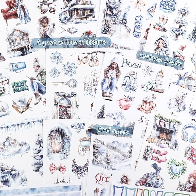 Precut Winter Aesthetic Scrapbook Sticker Book, 20 Sheets People Landscape Animal Snowflake Journaling Supplies for Adults Card Making Collage (Blue)