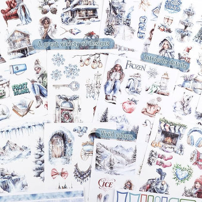 Precut Winter Aesthetic Scrapbook Sticker Book, 20 Sheets People Landscape Animal Snowflake Journaling Supplies for Adults Card Making Collage (Blue)