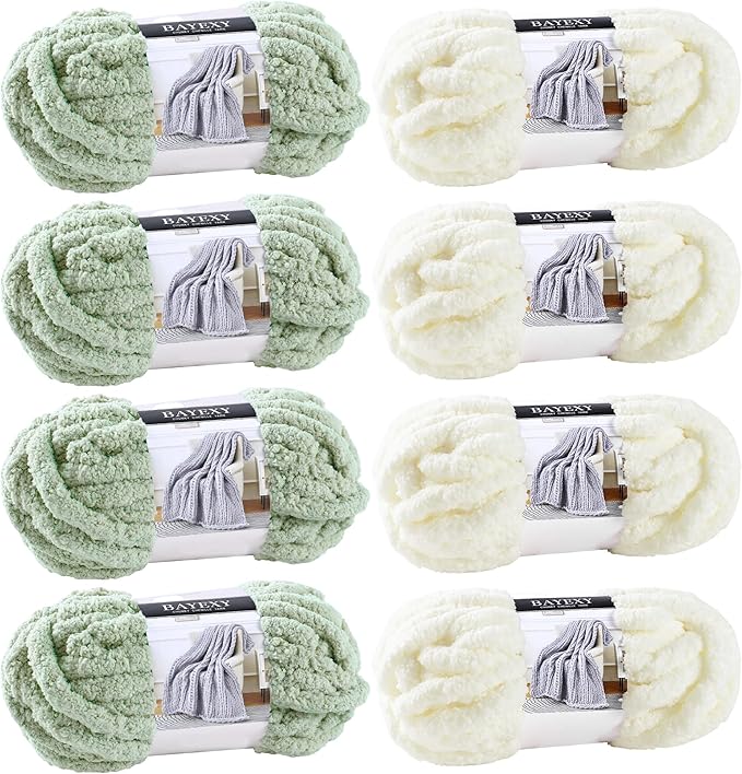 Chunky Chenille Yarn for Hand Knitting 8 Jumbo Pack Jumbo Chunky Yarn for Hand Soft Blanket Knitting, Bulky Thick Fluffy Yarn for Crocheting (Sage Green+Milky White)