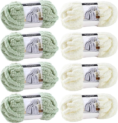 Chunky Chenille Yarn for Hand Knitting 8 Jumbo Pack Jumbo Chunky Yarn for Hand Soft Blanket Knitting, Bulky Thick Fluffy Yarn for Crocheting (Sage Green+Milky White)