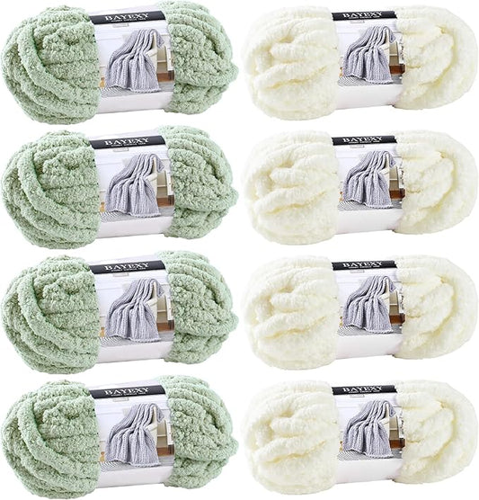Chunky Chenille Yarn for Hand Knitting 8 Jumbo Pack Jumbo Chunky Yarn for Hand Soft Blanket Knitting, Bulky Thick Fluffy Yarn for Crocheting (Sage Green+Milky White)