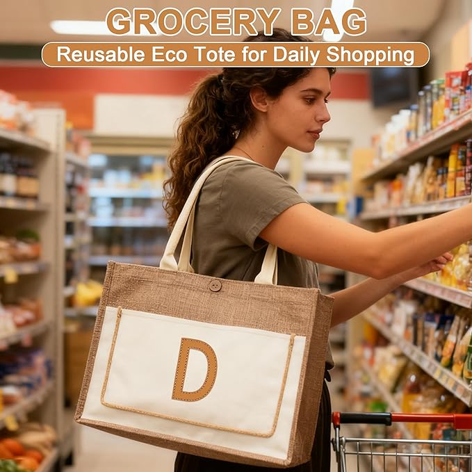 DIY Personalized Canvas Tote Bag with Embroidery Kit, Sturdy Jute Craft Bag with Front Pocket & Water-Resistant Lining, Customizable Gift Tote for Women, Everyday Use, Beach, Work, Groceries (D)