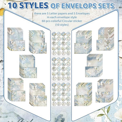 TaoBary 160 Pcs Stationery Paper Set 50 Double Sided Stationery Papers with 50 Matching Envelopes and 60 Round Dot Sticker, 10 Design (Serenity Junk,8.25 x 5.5 Inch)