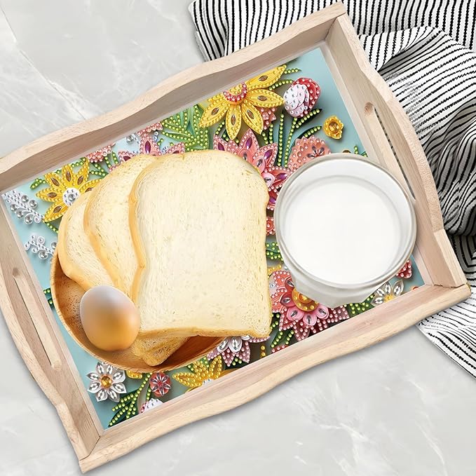 DIY Diamond Art Wooden Tray Kit, Food Tray with Handle Diamond Painted Table Decoration Tray, for Breakfast, Bar Dinner Table Diamond Dots Gem Painting Art Set for Beginners-#38-Flower