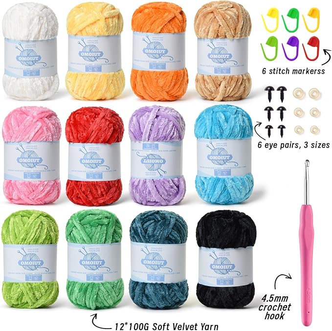 12 Pack 590 yds Chunky Chenille Yarn for Crocheting and Hand Knitting with Black Red White Green Orange Blue Plush Velvet Yarn，Baby Blanket Yarn for Crocheting Soft Amigurumi Yarn C