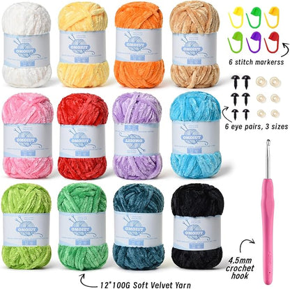 12 Pack 590 yds Chunky Chenille Yarn for Crocheting and Hand Knitting with Black Red White Green Orange Blue Plush Velvet Yarn，Baby Blanket Yarn for Crocheting Soft Amigurumi Yarn C
