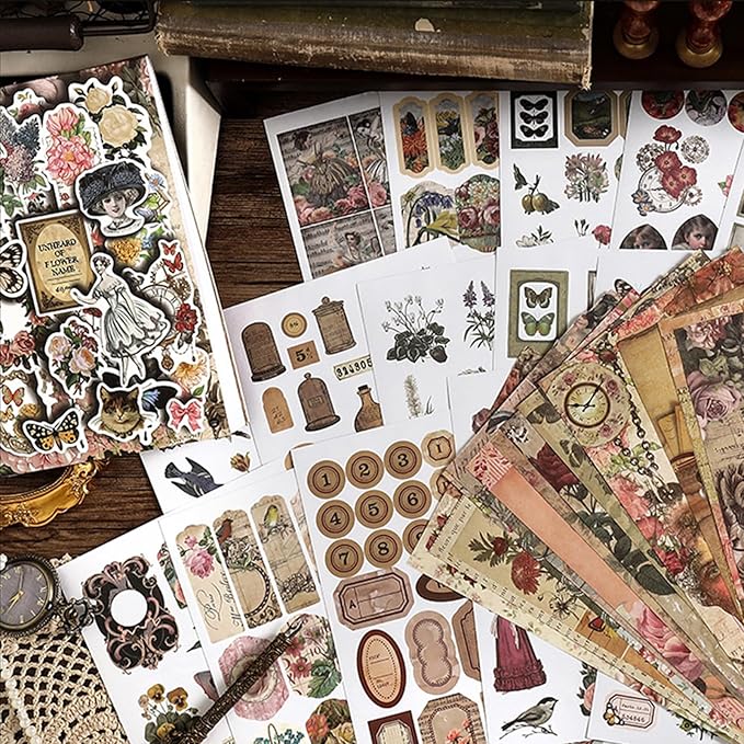 Prstincol Vintage Aesthetic Washi Stickers and Papers for Scrapbooking, 40 Sheets Ephemera Book for Art Journaling with Flower Butterfly Beauty Theme Stickers and Decoupage Papers for Junk Journal