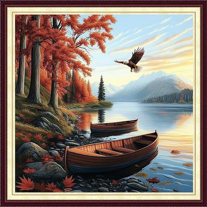 DMCCRAFT Stamped Cross Stitch Kits for Adults 11CT Printed Cross-Stitch Patterns Embroidery Kits Easy Cross Stitching Needlepoint Kits&Wooden Boat by The Lake 18x18 inch