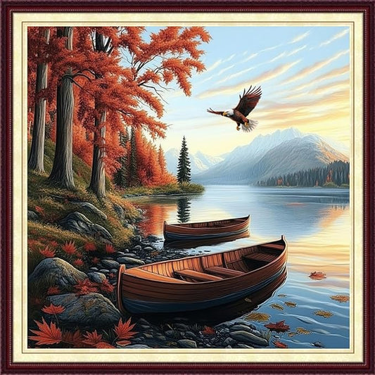 DMCCRAFT Stamped Cross Stitch Kits for Adults 11CT Printed Cross-Stitch Patterns Embroidery Kits Easy Cross Stitching Needlepoint Kits&Wooden Boat by The Lake 18x18 inch