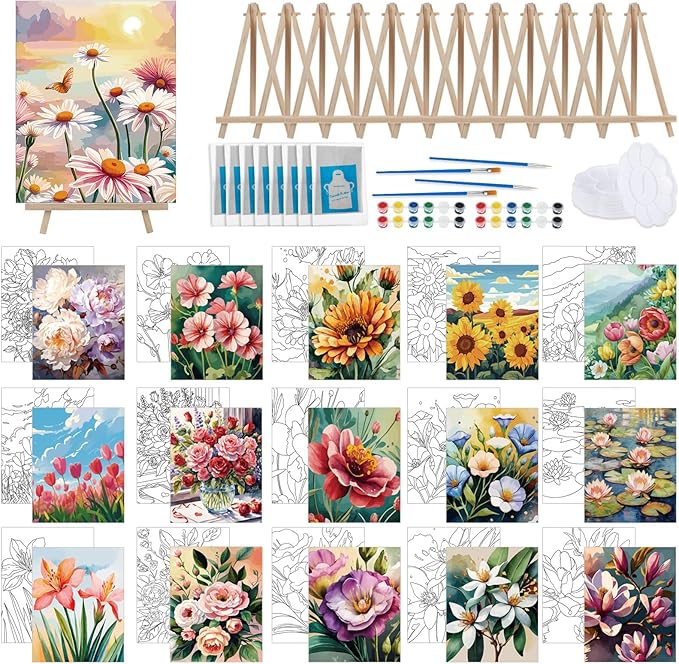 Tenceur 16 Sets Pre Drawn Canvas to Paint for Sip and Paint Party, 8 x 10 Inch Preprinted Framed Pre Sketched Coloring Canvas with Easels and Brushes for Adults Party Supplies(Flower)