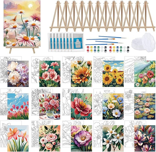 Tenceur 16 Sets Pre Drawn Canvas to Paint for Sip and Paint Party, 8 x 10 Inch Preprinted Framed Pre Sketched Coloring Canvas with Easels and Brushes for Adults Party Supplies(Flower)