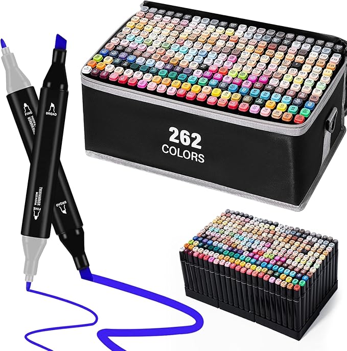 Cautyfky 262 Colors Dual Tip Alcohol Markers, Dual Tips Art Markers, Permanent Sketch Marker Set for Adults Coloring, Painting, Sketching, Illustrations