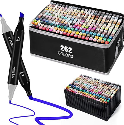 Cautyfky 262 Colors Dual Tip Alcohol Markers, Dual Tips Art Markers, Permanent Sketch Marker Set for Adults Coloring, Painting, Sketching, Illustrations