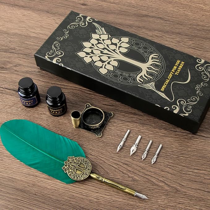 TIANREN Quill pen ink set,Feather Pen and Ink Set,Antique Calligraphy Pen with 4 Replaceable Nibs,2 Bottle of ink,Feather Dip Pen Holder Christmas Gift for Men&Women.(Green)