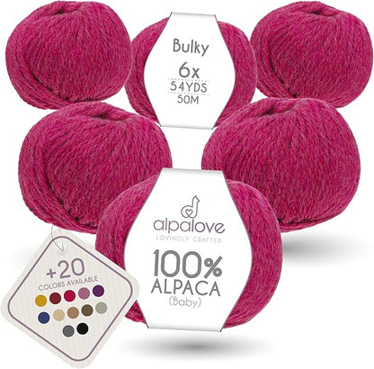 Bulky Set (6 x 1.75 oz) Super Soft Baby Alpaca Knitting Yarn Raspberry Cream 328 Yards