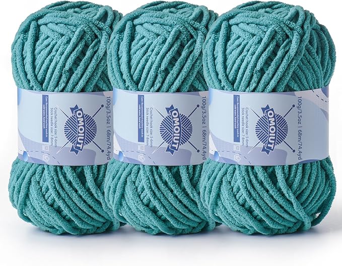 Chunky Chenille Yarn for Crocheting，Baby Yarn for Crocheting Soft Blankets，Bulky Yarns for Crochet Amigurumi，3×100g (3×74.3yds) Fluffy Velvet Yarns for Hand Knitting (3 Deep Cyan)