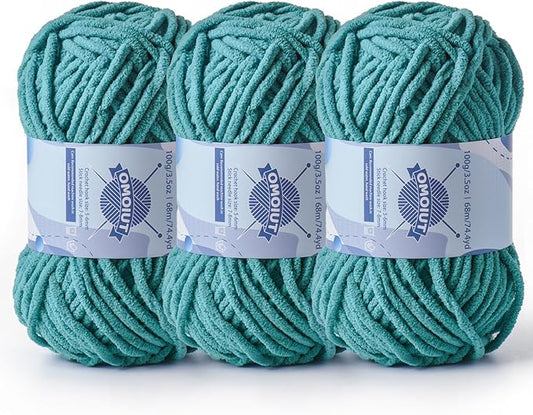 Chunky Chenille Yarn for Crocheting，Baby Yarn for Crocheting Soft Blankets，Bulky Yarns for Crochet Amigurumi，3×100g (3×74.3yds) Fluffy Velvet Yarns for Hand Knitting (3 Deep Cyan)