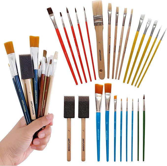 Artlicious Foam Brushes Wood Handle Paint Brush Set - Use with Craft, Watercolor, Oil, Gouache Paints, Face Art, Washable Paints, Miniature Detailing and Rock Painting