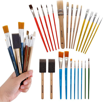 Artlicious Foam Brushes Wood Handle Paint Brush Set - Use with Craft, Watercolor, Oil, Gouache Paints, Face Art, Washable Paints, Miniature Detailing and Rock Painting