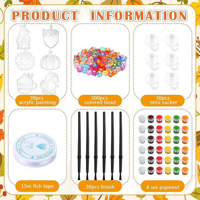WinnerWhy 30 Sets Thanksgiving Day Fall Suncatchers Window Art Kits, Autumn Leaf Pumpkin Acorn DIY Sun Catchers Crafts Bulk Window Paint Art Ornaments for Classroom Home Party Activity (Autumn Style)