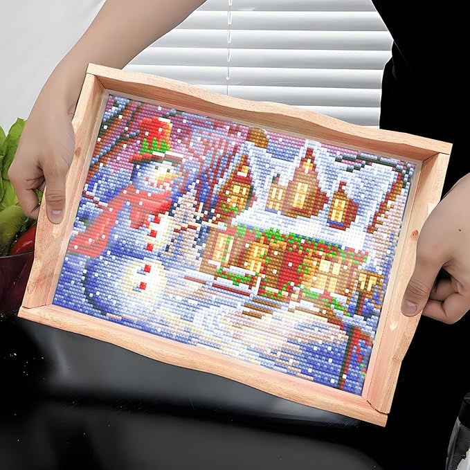 FGbaby DIY 5D Snowman House Diamond Painting Wood Serving Tray with Handles - Diamond Art Decor for Breakfast, Patio, BBQ, Coffee Table, Party