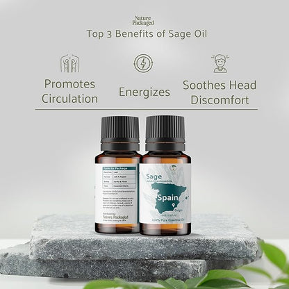 Nature Packaged Sage Essential Oil - Direct from Essential Oils SL Spain - Steam Distilled - Aceite Esencial de Salvia for Aromatherapy, Massage, Diffuser, DIY Candle and Soap Making - 15ml