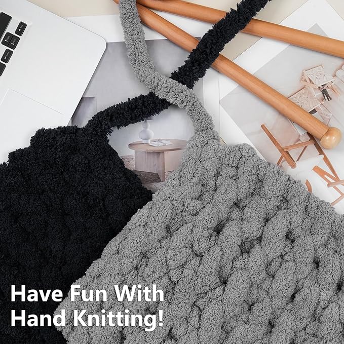 Chunky Yarn for Hand Knitting - #10 Chunky Chenille Yarn, Jumbo Big Thick Chunky Yarns for Crocheting, Super Bulky Chunky Knit Blanket Yarns, 8 Skein (25yd, 8oz/Skein), Black & Grey