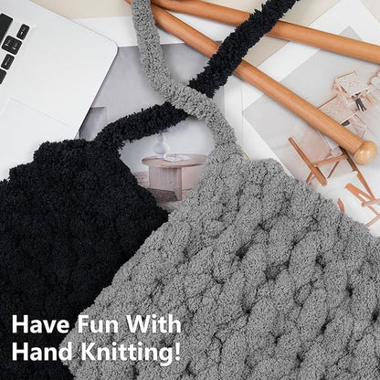 Chunky Yarn for Hand Knitting - #10 Chunky Chenille Yarn, Jumbo Big Thick Chunky Yarns for Crocheting, Super Bulky Chunky Knit Blanket Yarns, 8 Skein (25yd, 8oz/Skein), Black & Grey