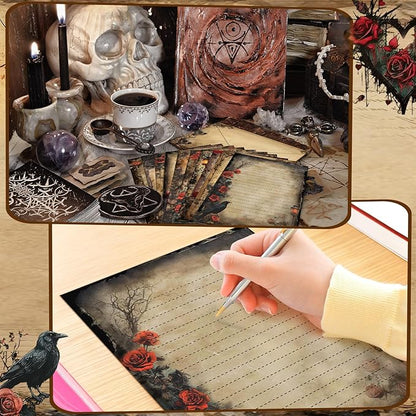 TaoBary 160 Pcs Stationery Paper Set 50 Double Sided Stationery Papers with 50 Matching Envelopes and 60 Round Dot Sticker, 10 Design(Gothic Style,8.5 x 11 Inch)