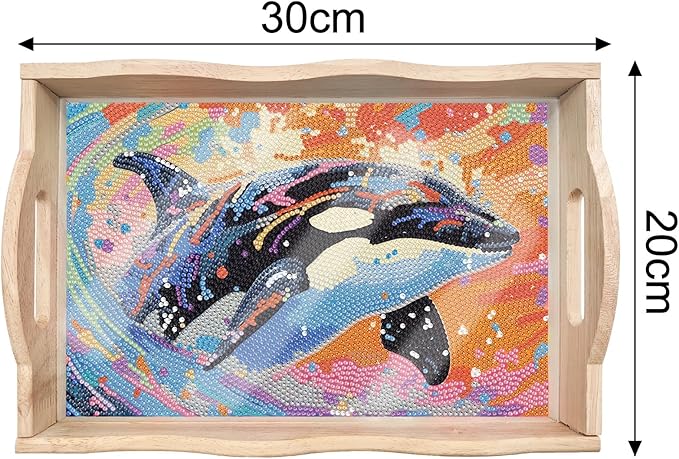 DIY Diamond Art Wooden Tray Kit, Food Tray with Handle Diamond Painted Table Decoration Tray, for Breakfast, Bar Dinner Table Diamond Dots Gem Painting Art Set for Beginners (#10-Orca)