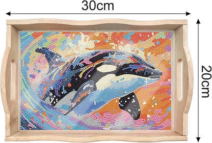 DIY Diamond Art Wooden Tray Kit, Food Tray with Handle Diamond Painted Table Decoration Tray, for Breakfast, Bar Dinner Table Diamond Dots Gem Painting Art Set for Beginners (#10-Orca)