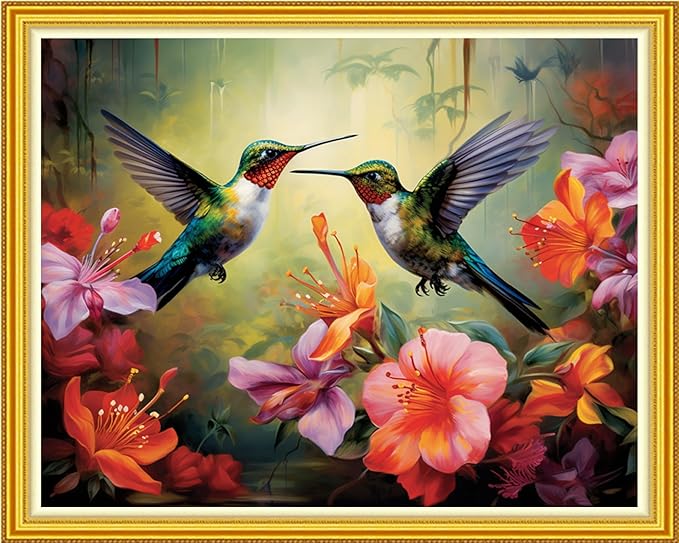 DMCVIVR Stamped Cross Stitch Kits for Beginners Adults Needlepoint Kits for Beginners Embroidery Kits for Adults Crossstitch Kit for Beginners 11CT-Hummingbird Flowers 16x20 inch
