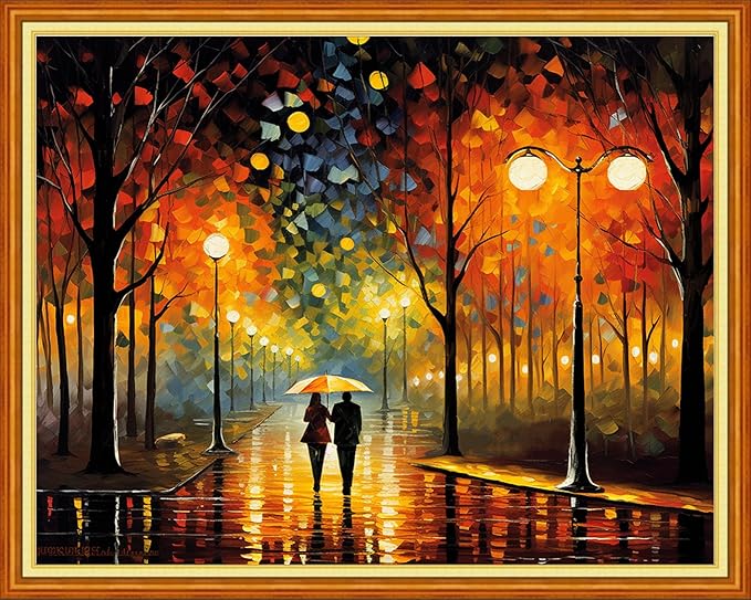 Foxhool Stamped Cross Stitch Kits,11CT Printed Cross Stitch Pattern Full Embroidery Kits for Beginner Needlepoint Kits-Couples Strolling on Rainy Nights 16x20 inchs