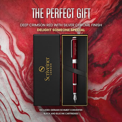 Scriveiner Personalized Deep Crimson Red Pen - Stunning Red Lacquer Luxury Pen with Chrome FinishGerman Schmidt Nib (Medium), Best Engraved Fountain Pen Gift Set for Men & Women, Name Engraving