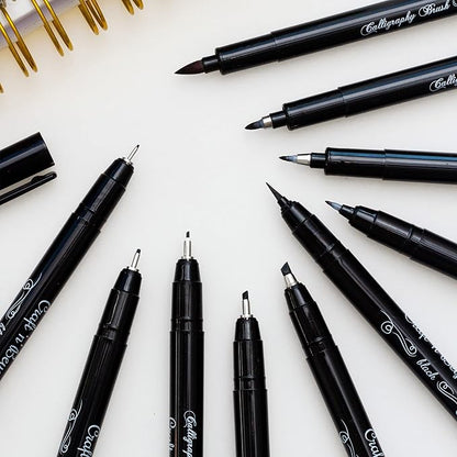 Craft 'n' Beyond Calligraphy Brush Pens Pack of 10 Markers for Hand Lettering, Art Drawing, Sketching, Scrapbooking, Writing, Journaling tip - Beginner Kit with Fadeproof Black Ink