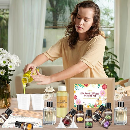 JUYRLE Reed Diffuser Making Kit- DIY Flower Reed Diffuser Set for Home with Essential Oil, Sticks, Glass Bottle, Air Fresheners for Home Office Bathroom Shelf Aromatherapy Decor Gifts for Women & Men