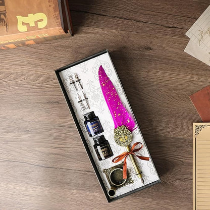 TIANREN Feather Pen and Ink Set,quill pen ink set,Antique Calligraphy Pen with 4 Replaceable Nibs,2 Bottle of ink,Pen Holder Christmas Gift for Men&Women.(Purple)