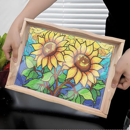 DIY Diamond Art Wooden Tray Kit, Food Tray with Handle Diamond Painted Table Decoration Tray, for Breakfast, Bar Dinner Table Diamond Dots Gem Painting Art Set for Beginners (#01-Sunflower)