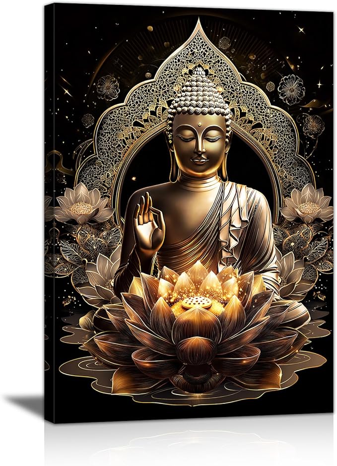 WENGTIAO Black Gold Buddha Framed Canvas Wall Art Zen Lotus Spiritual Relax Wall Pictures for Bathroom Living Room Bedroom Buddhist Meditation Canvas Paintings Prints Wall Decor Artwork 12x16 inch
