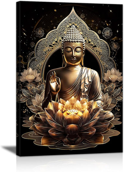 WENGTIAO Black Gold Buddha Framed Canvas Wall Art Zen Lotus Spiritual Relax Wall Pictures for Bathroom Living Room Bedroom Buddhist Meditation Canvas Paintings Prints Wall Decor Artwork 12x16 inch