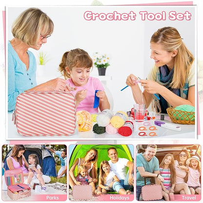 GMAK Crochet Kit for Beginners Adults, 59 PCS Crocheting Sets Include Yarn, Hooks and Tools, Portable Crochet Starter Kit for Making Variety Projects Crocheting Supplies, Pink Stripe