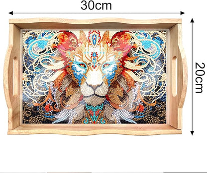 FGbaby DIY 5D Lion Diamond Painting Wood Serving Tray with Handles Diamond Art Decorative Serving Trays Wooden Tray for Breakfast in Bed, Patio, BBQ, Coffee Table, Party –Great for Lap & Couch