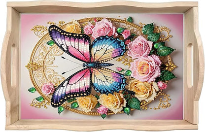 DoxQcs DIY Diamond Art Wooden Tray Kit Easter Food Tray with Handle Diamond Painted Table Decoration Tray for Breakfast Bar Dinner Table Diamond Art Painting for Beginners-#12-Rose Butterfly