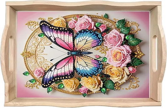 DoxQcs DIY Diamond Art Wooden Tray Kit Easter Food Tray with Handle Diamond Painted Table Decoration Tray for Breakfast Bar Dinner Table Diamond Art Painting for Beginners-#12-Rose Butterfly