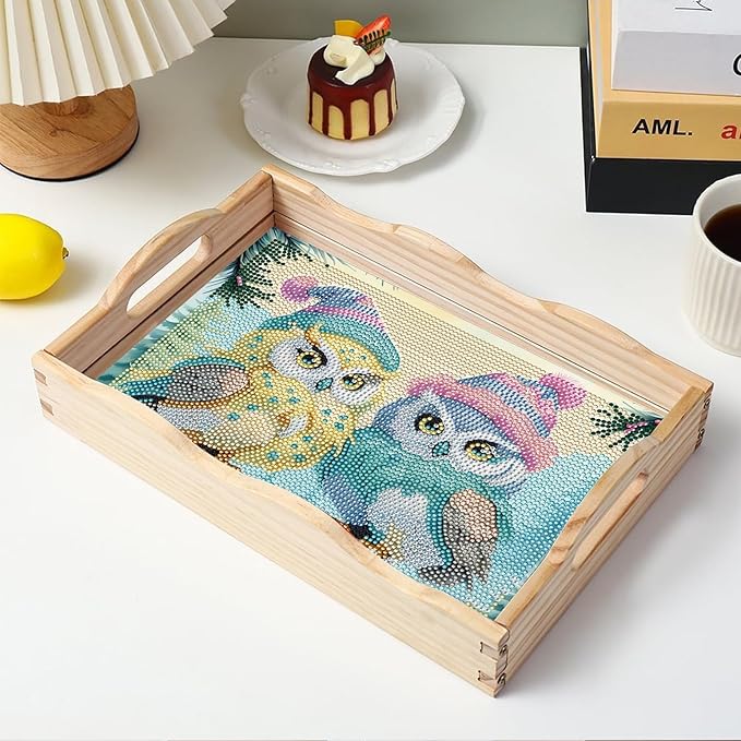 FGbaby DIY 5D Cute Owl Diamond Painting Wood Serving Tray with Handles Diamond Art Decoration Serving Trays Wooden Tray for Breakfast in Bed, Patio, BBQ, Coffee Table, Party –Great for Lap & Couch