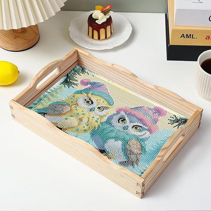 FGbaby DIY 5D Cute Owl Diamond Painting Wood Serving Tray with Handles Diamond Art Decoration Serving Trays Wooden Tray for Breakfast in Bed, Patio, BBQ, Coffee Table, Party –Great for Lap & Couch