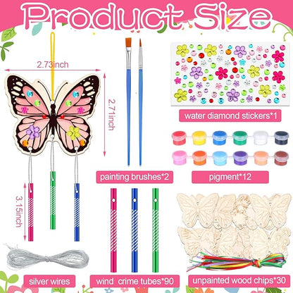 Colingmill 30 Pack Wind Chime Kit Make You Own Crafts Wind Chimes Outdoors Decorative DIY Coloring Wooden Crafts for Gift Art Room Birthday Party Favors(Butterfly Style)