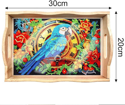 DIY Art Painting Wooden Tray Kit, Food Tray with Handle Diamond Painted Table Decoration Tray, for Breakfast, Bar Dinner Table Diamond Dots Gem Painting Art Set for Beginners (#25-Parrot)