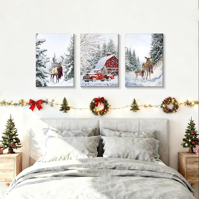 WENGTIAO Christmas Canvas Wall Art 3Pcs Winter Snowy Forest Prints Posters Red Truck Cabin Paintings Reindeer Pictures Vintage Xmas Artwork for Living Room Bedroom Bathroom Office 16”x24”x3
